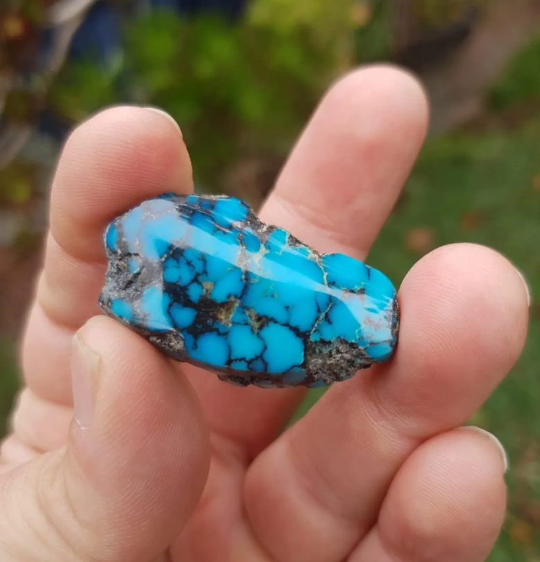 Hand holding a polished turquoise specimen