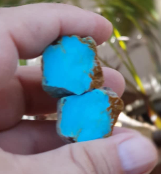 Two vivid blue turquoise slabs held in hand