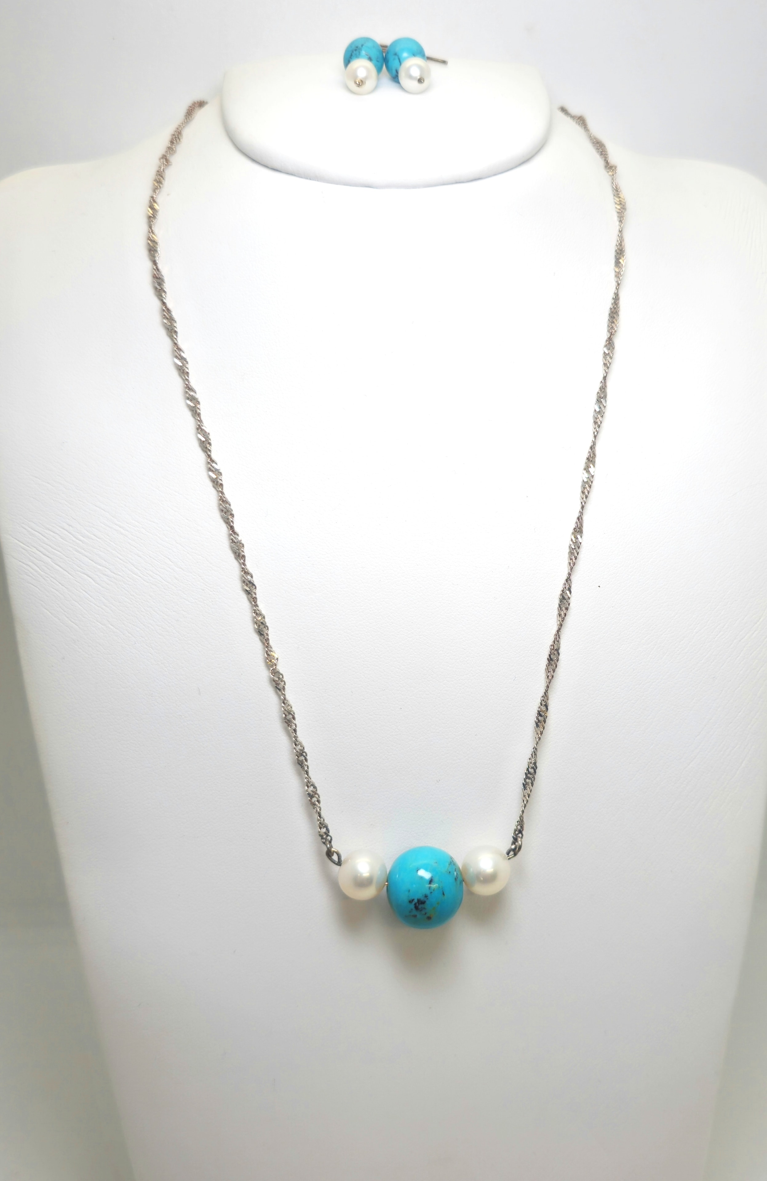 Turquoise & Pearls — Necklace-Earrings set view 3
