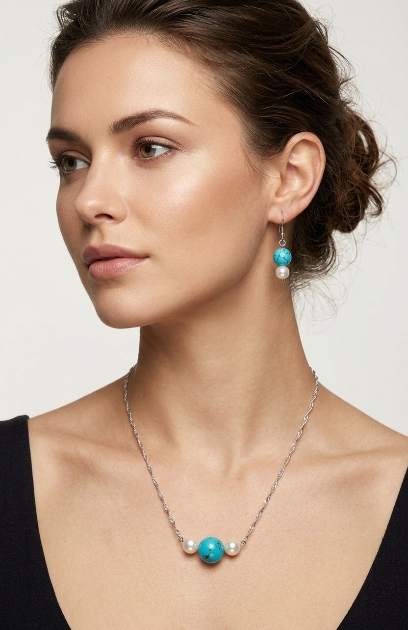 Turquoise & Pearls — Necklace-Earrings set view 4